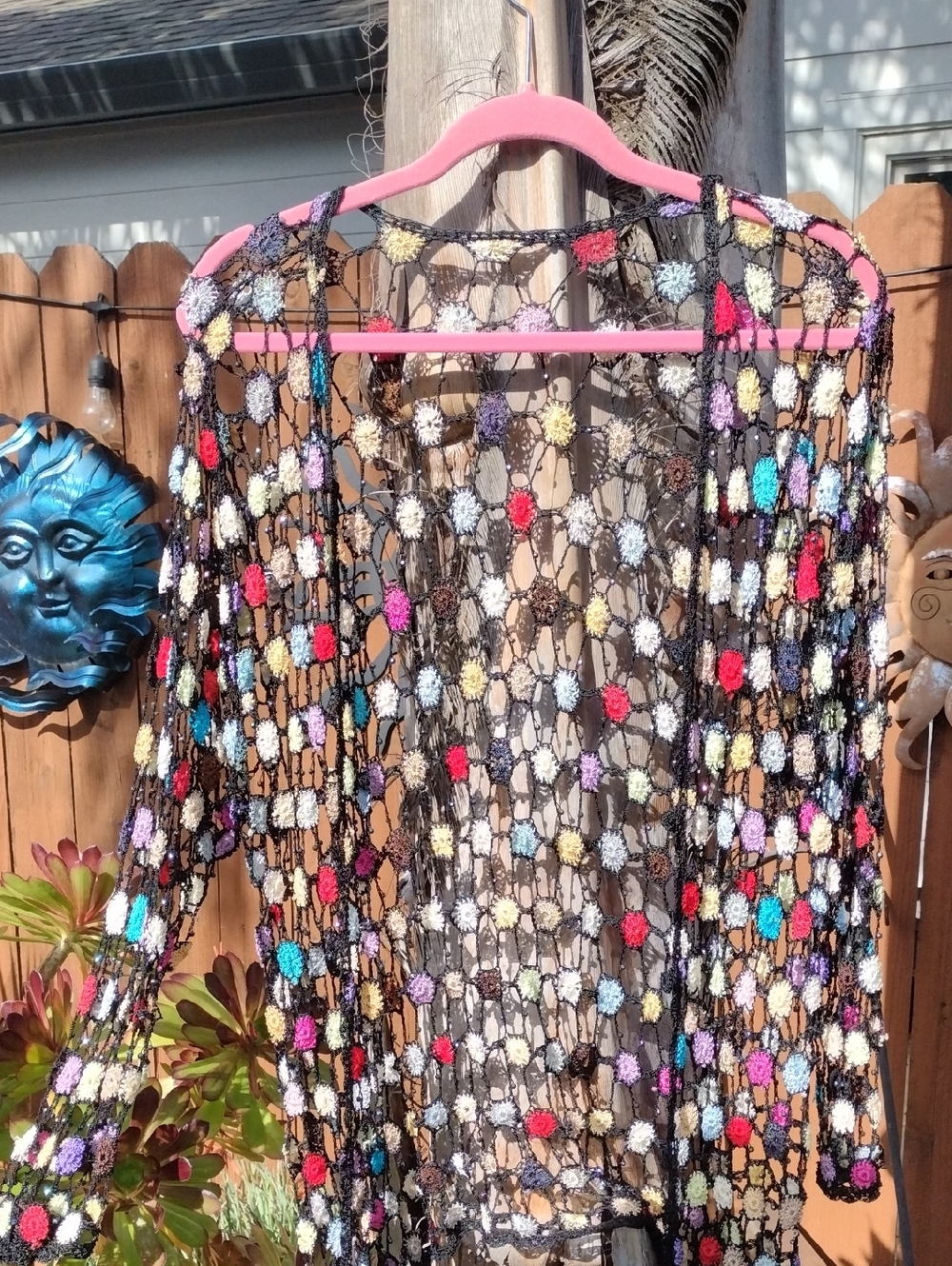 Vintage Black Open Knit Cardigan with Beads Multicolor Pom Accents And